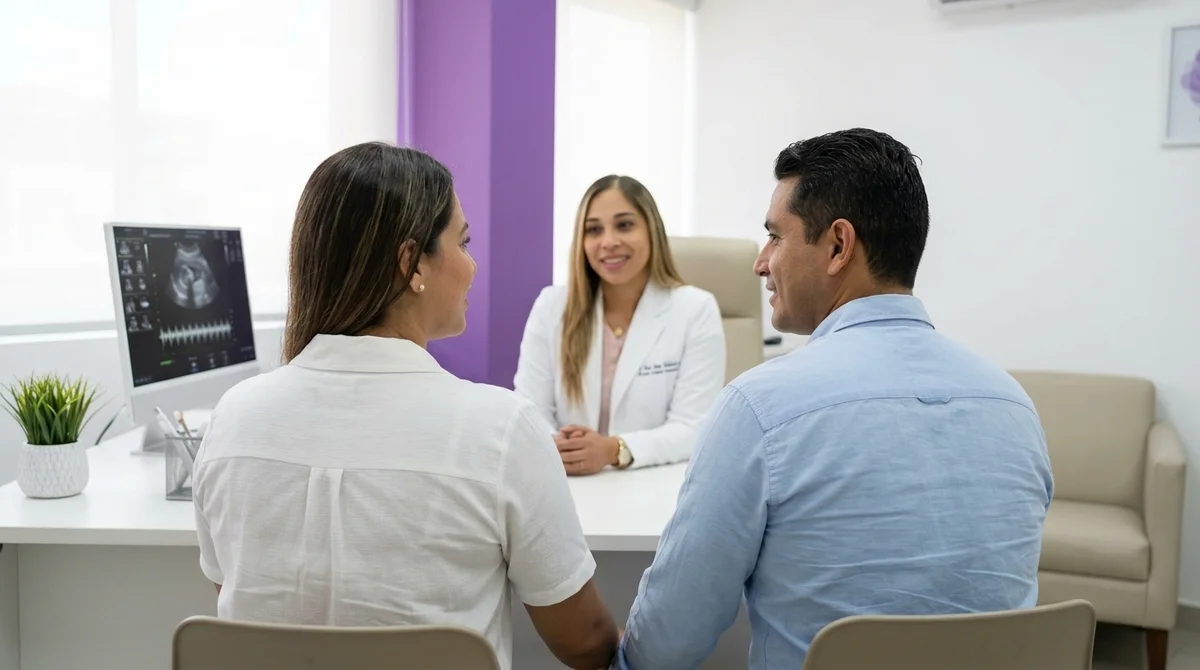 Especialista revisando información clínica con una pareja