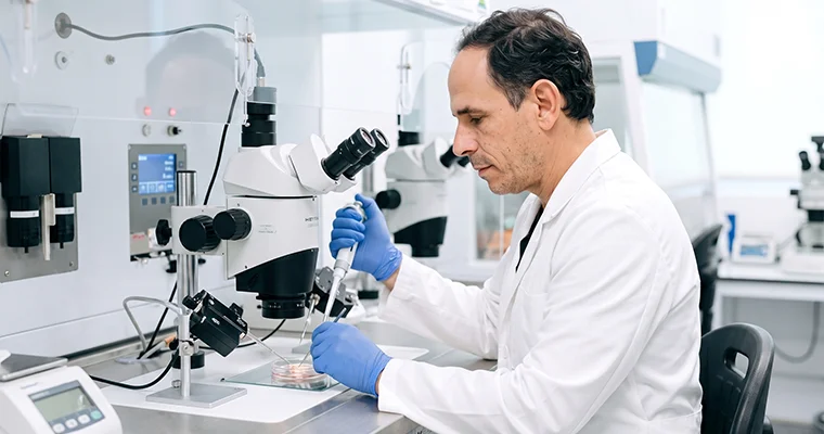 Especialista trabaja con un microscopio en el laboratorio de FERTYS