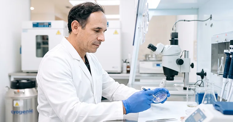 Especialista manipula una placa de laboratorio con guantes