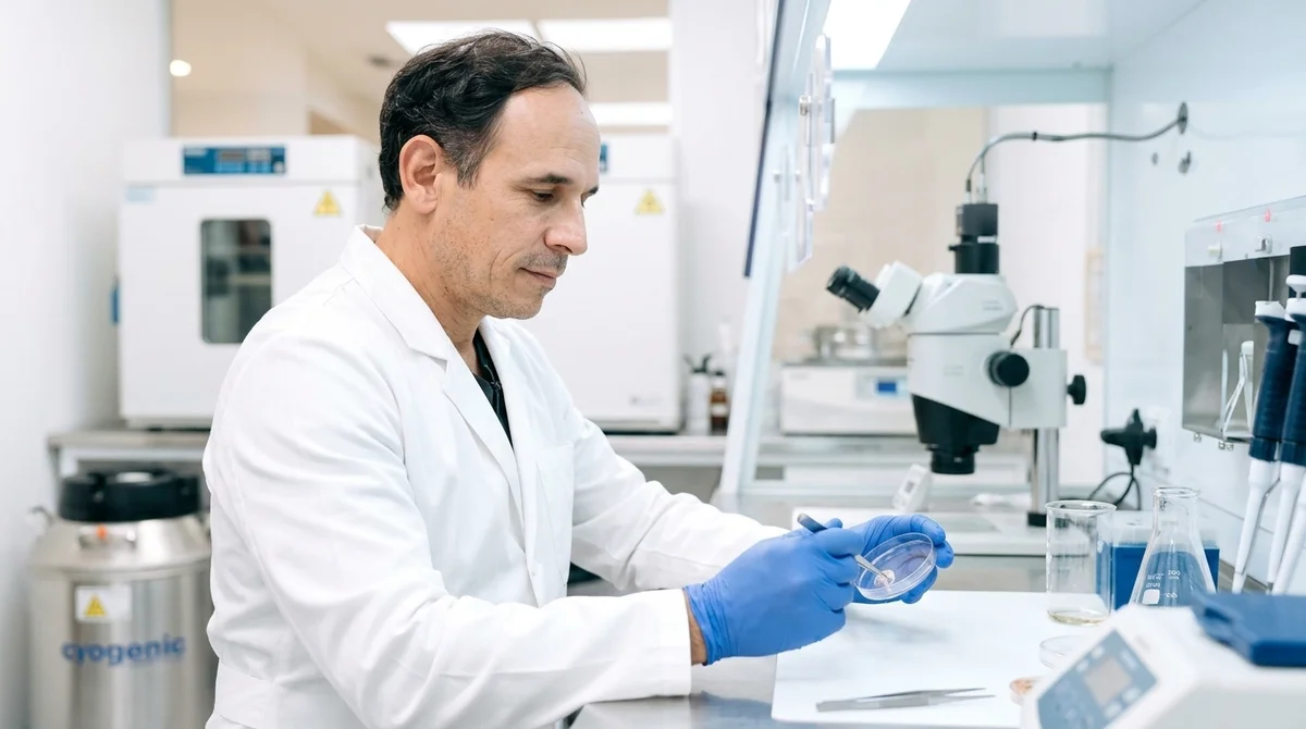 Especialista manipulando una placa de laboratorio con guantes