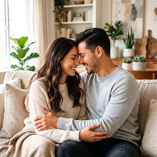 Pareja abrazada en un sofá