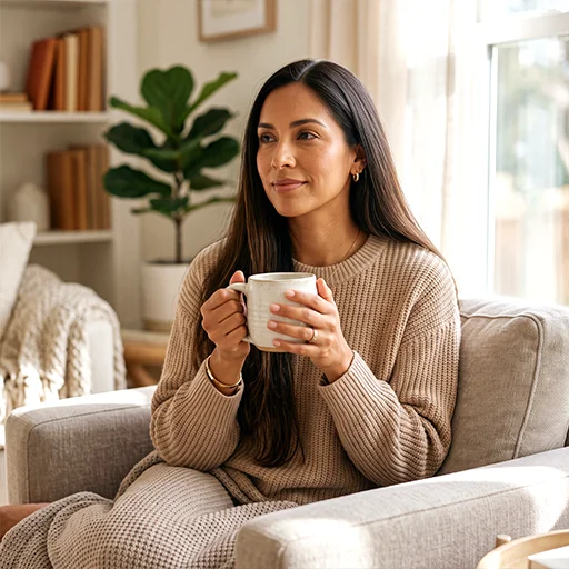Mujer sentada en un sofá sosteniendo una taza